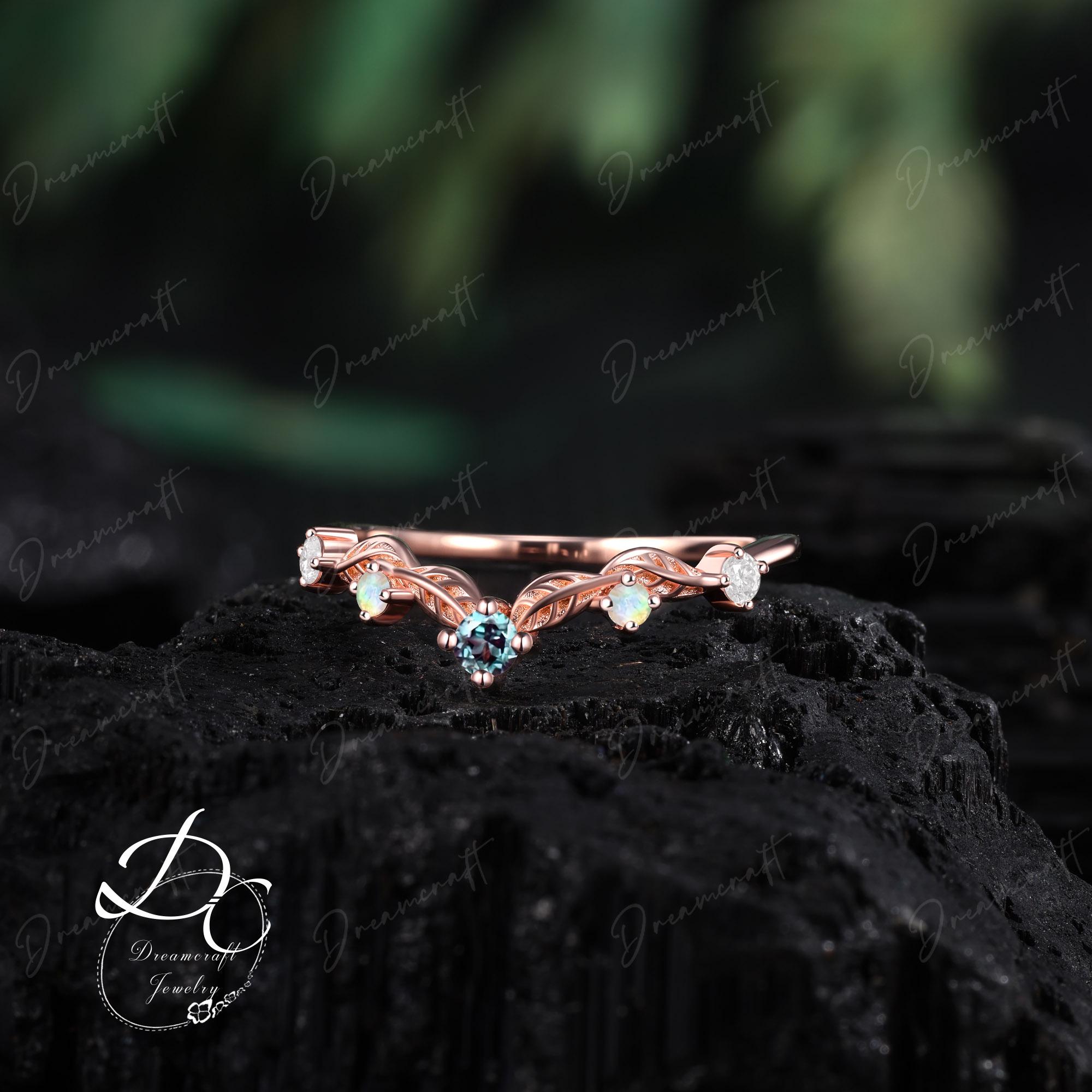 Vintage Alexandrite Wedding Band Rose Gold Leaf Curved Wedding