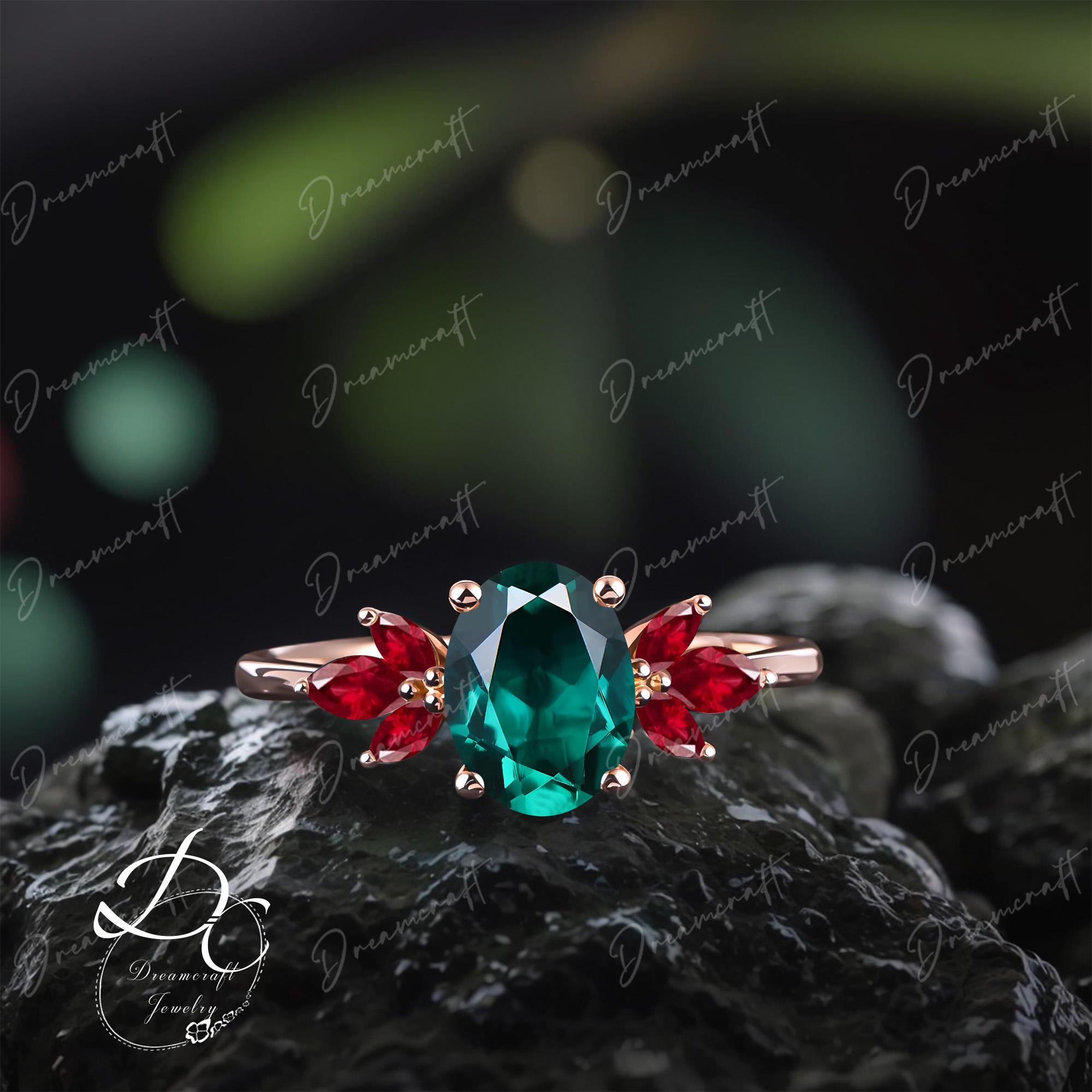 Oval Cut Emerald engagement ring Unique rose gold Cluster engagement ring Vintage Art Deco ring Ruby  Bridal Promise ring women gift for her
