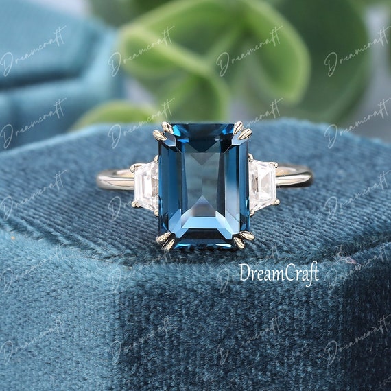 London blue Topaz engagement ring 4CT Emerald cut vintage unique solid gold  engagement ring Wedding Bridal ring anniversary ring gift women