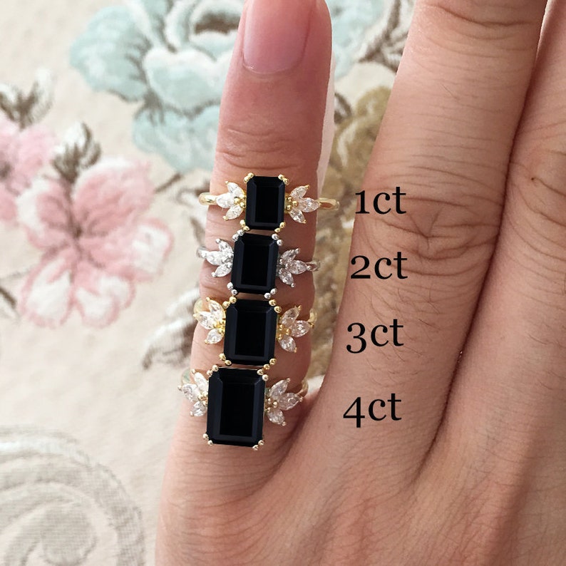 Black Onyx Engagement Ring 4ct Emerald Cut 14K Rose Gold Engagement Ring Cluster Ring Moissanite Bridal Ring Promise Ring Anniversary Gift image 8