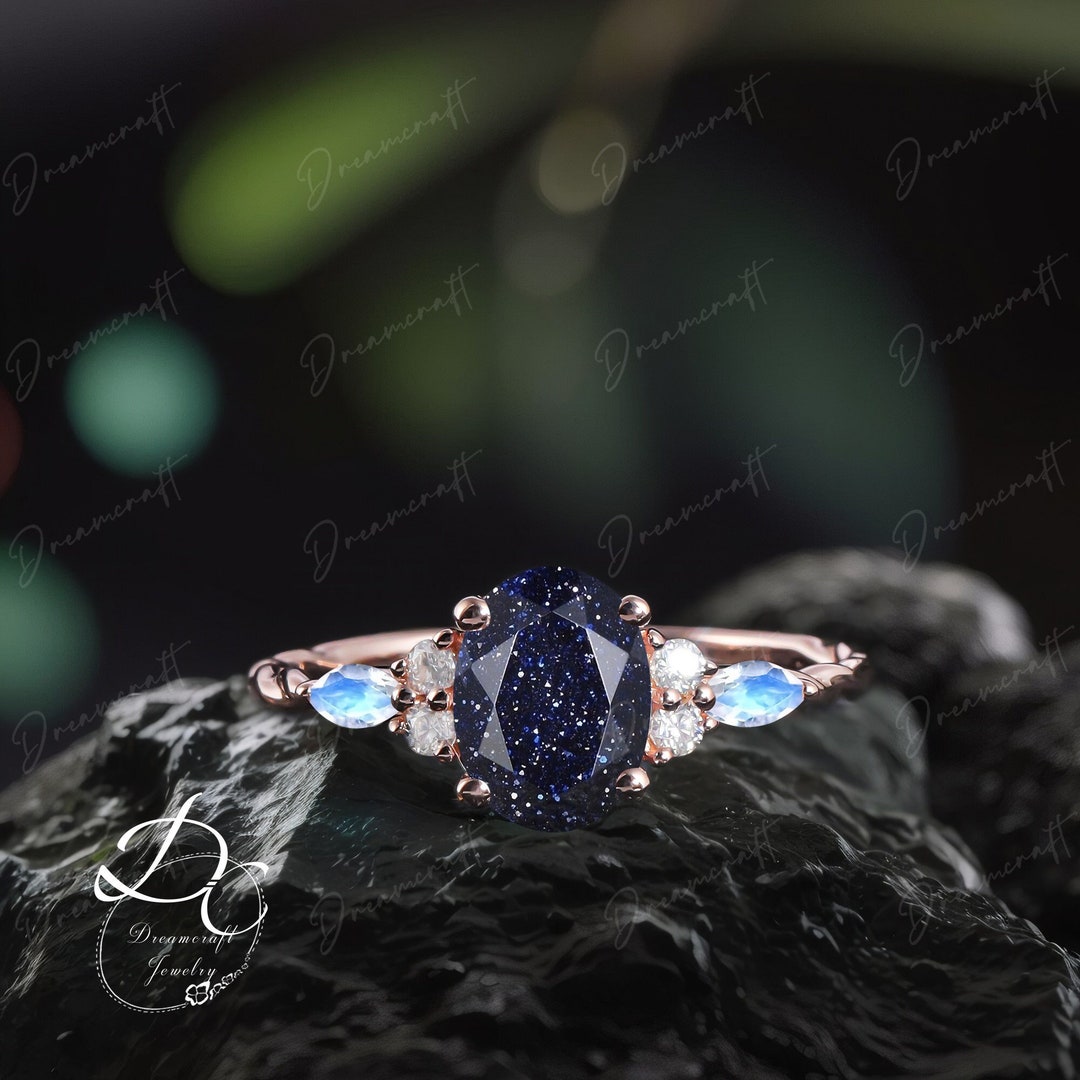 Vintage Oval Cut Blue Sandstone Engagement Ring Rose Gold Bridal