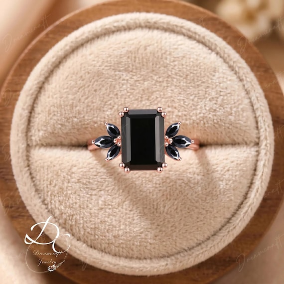 Black Onyx Engagement Ring 4ct Emerald Cut Solid Gold Engagement Ring Cluster Ring Black spinel Bridal Ring Promise Ring Anniversary Gift