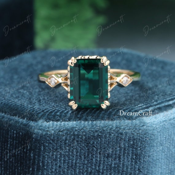 Emerald Engagement Ring Vintage Green Emerald Engagement Ring Emerald Cut Unique Cluster Rose Gold Vintage Moissanite Wedding Ring Etsy