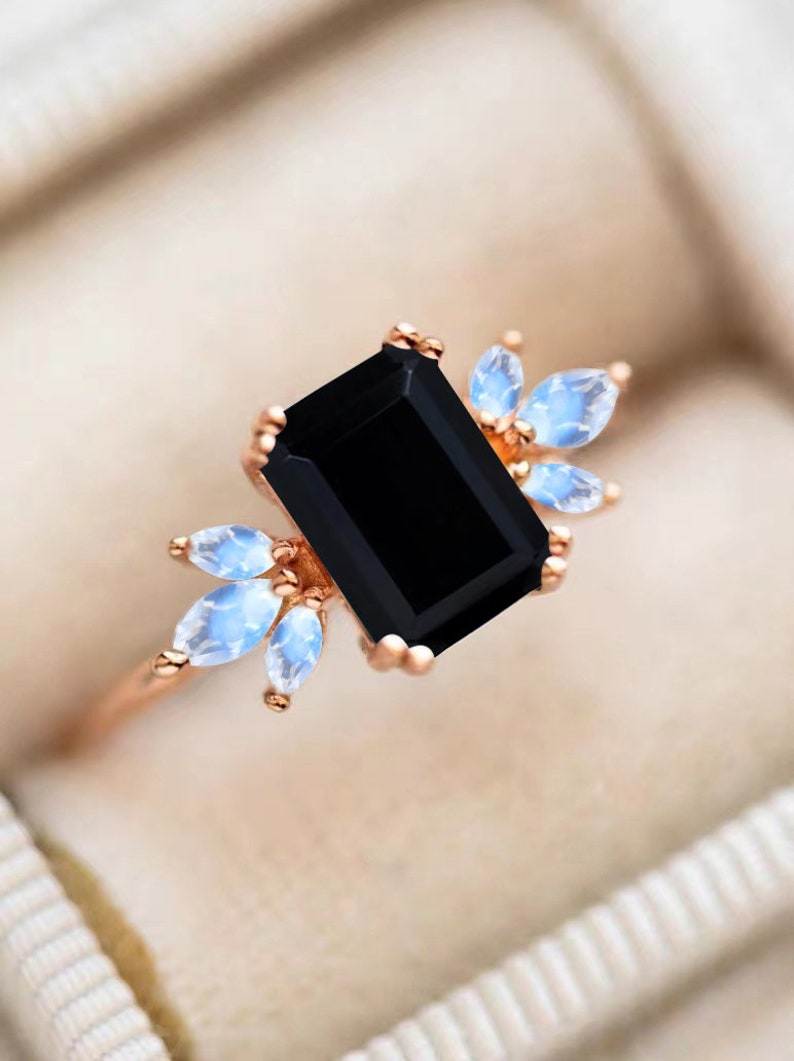 Black Onyx Engagement Ring 4ct Emerald Cut 14K Rose Gold Engagement Ring Cluster Ring Moissanite Bridal Ring Promise Ring Anniversary Gift image 6