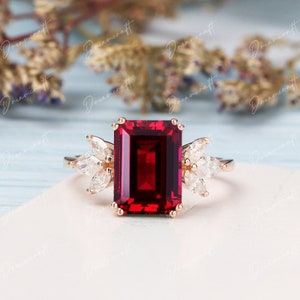 Lab Red Ruby Engagement Ring 4ct Emerald Cut Vintage Rose Gold Engagement Cluster Ring Moissanite Bridal Ring Promise Ring Anniversary image 5