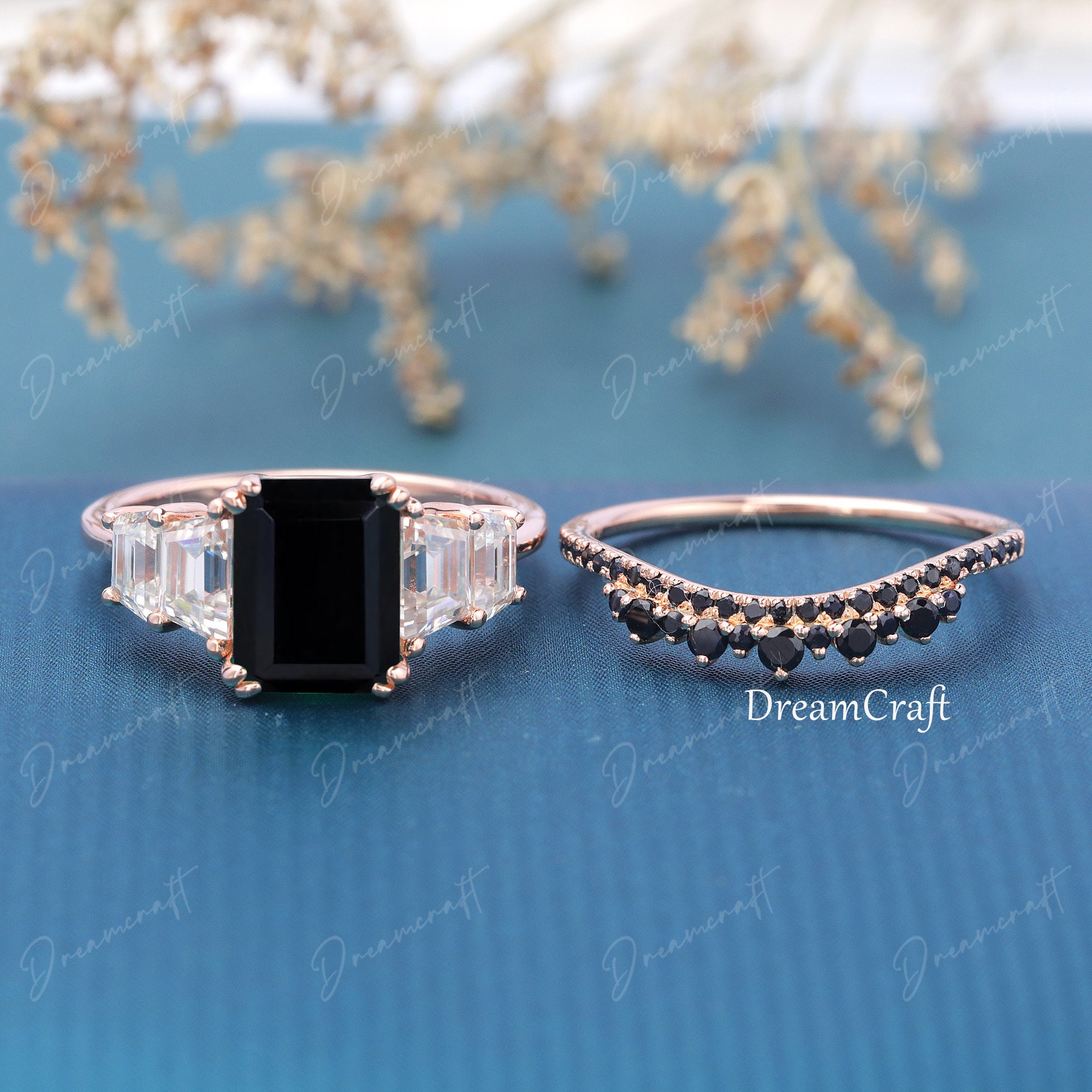 Emerald Cut 3CT Black Onyx Engagement Ring Set Art Deco Rose | Etsy