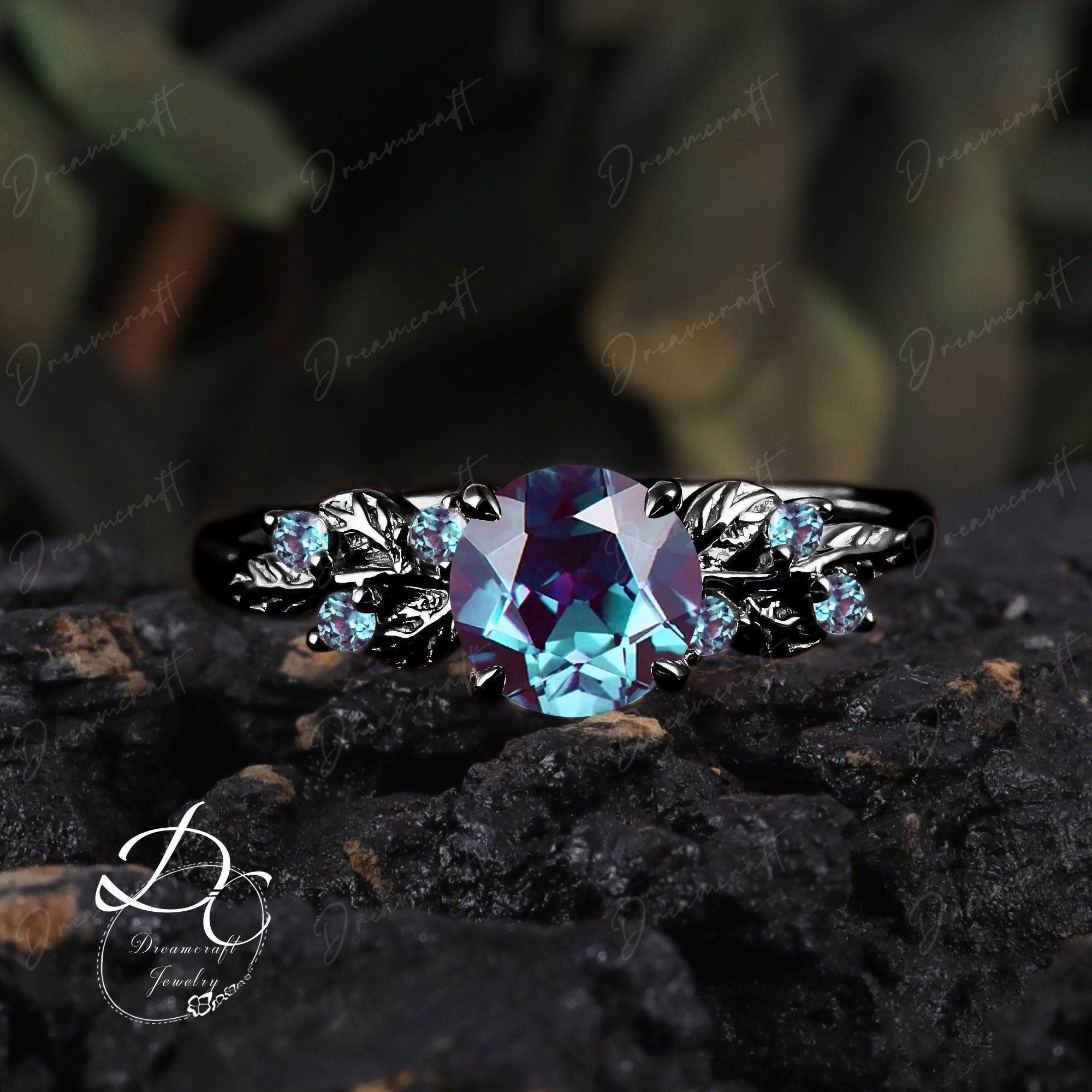 Gothic Black Gold Alexandrite Engagement Ring Nature Inspired