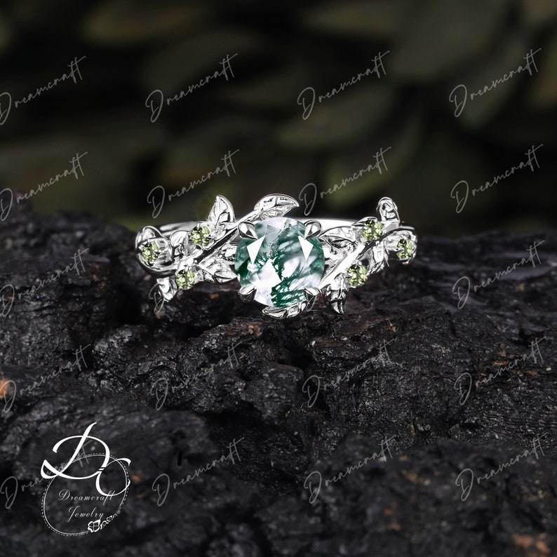 Art Deco Leaf White Gold Moss Agate Engagement Ring Nature Inspired Cluster Promise Ring Green Gemstone Branch Bridal Ring Jewelry image 10