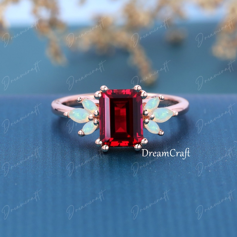 Lab Red Ruby Engagement Ring 4ct Emerald Cut Vintage Rose Gold - Etsy
