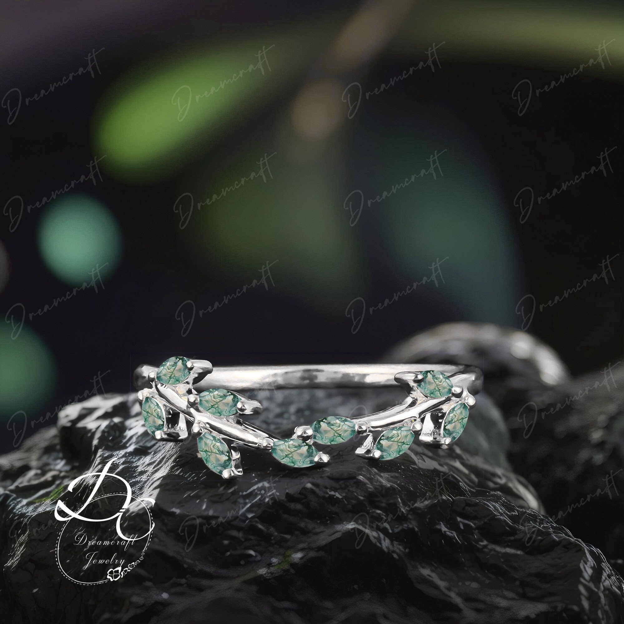 Leaf Moss agate wedding band white gold Vintage Round cut Opal curved matching band Leaf Stacking Bridal ring Promise Anniversary ring