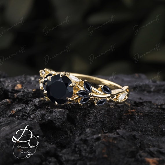 Pear Shaped Black Onyx Engagement Ring Natural Inspired Blossom