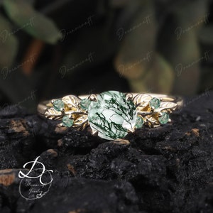 Art Deco Blatt Weißgold Moosachat Verlobungsring Natur inspiriert Cluster Versprechen Ring grüner Edelstein Zweig Brautring Schmuck Bild 9