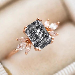 Black Onyx Engagement Ring 4ct Emerald Cut 14K Rose Gold Engagement Ring Cluster Ring Moissanite Bridal Ring Promise Ring Anniversary Gift image 10