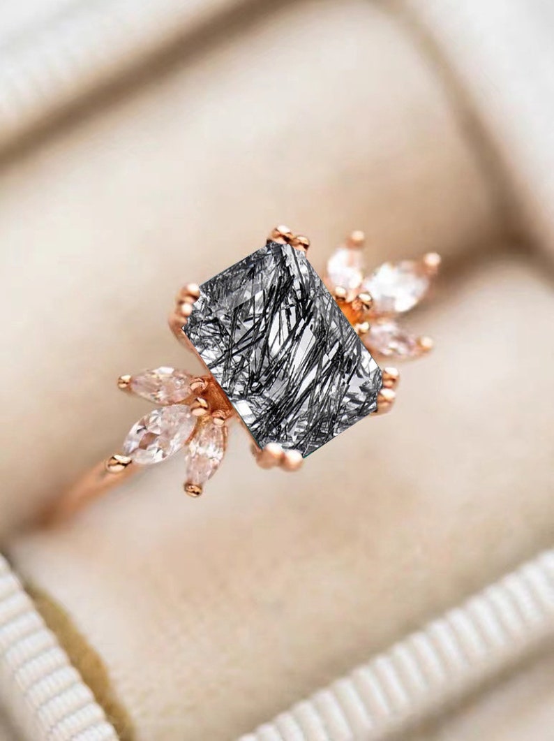 Black Onyx Engagement Ring 4ct Emerald Cut 14K Rose Gold Engagement Ring Cluster Ring Moissanite Bridal Ring Promise Ring Anniversary Gift image 10