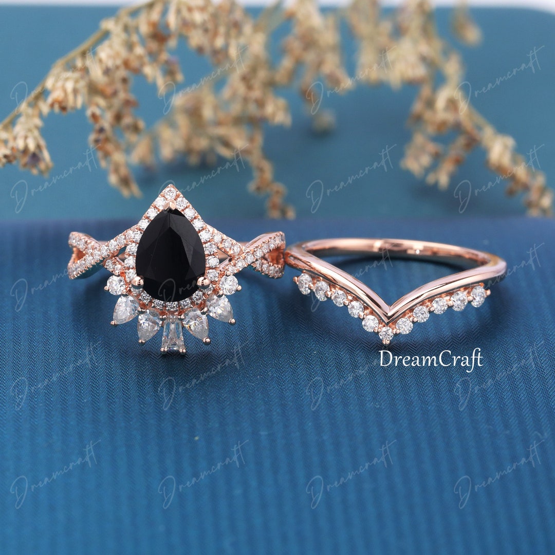 Black Onyx Engagement Ring Set Unique Pear Shape 14k Rose Gold - Etsy