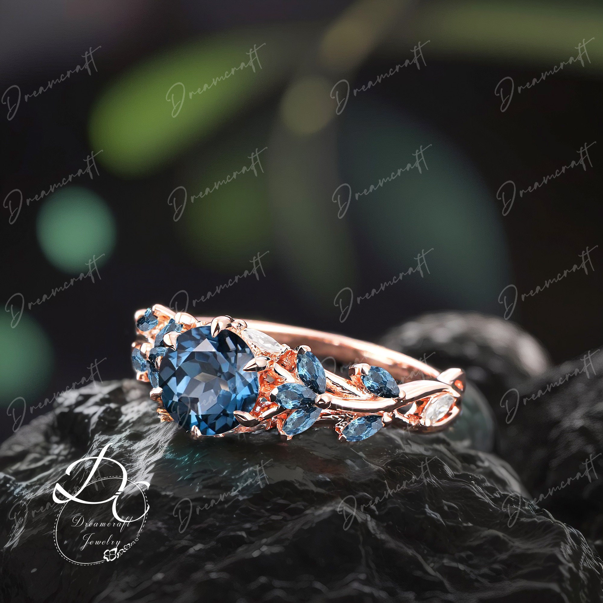 Vintage London Blue Topaz Engagement Ring  Nature Inspired Cluster Promise Ring Rose Gold Art Deco Leaf  Gemstone Branch Ring Women Gift