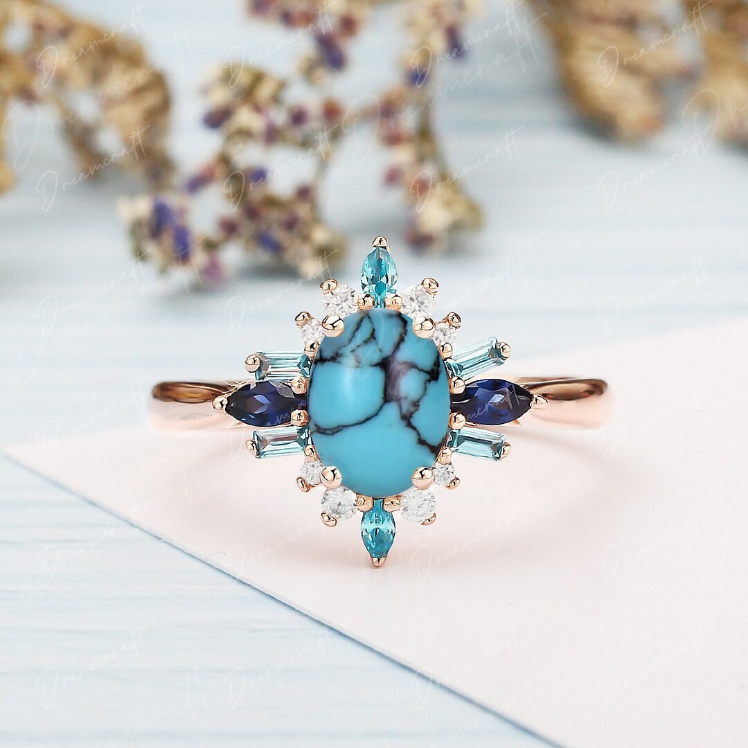 Oval Cut Turquoise Engagement Ring Vintage Promise Ring Rose Gold ...