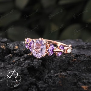 Vintage Oval Lavender Amethyst Engagement Ring Unique Cluster Promise Ring For Her Gold Art Deco Leaf Gemstone Branch Nature Inspired Ring image 9