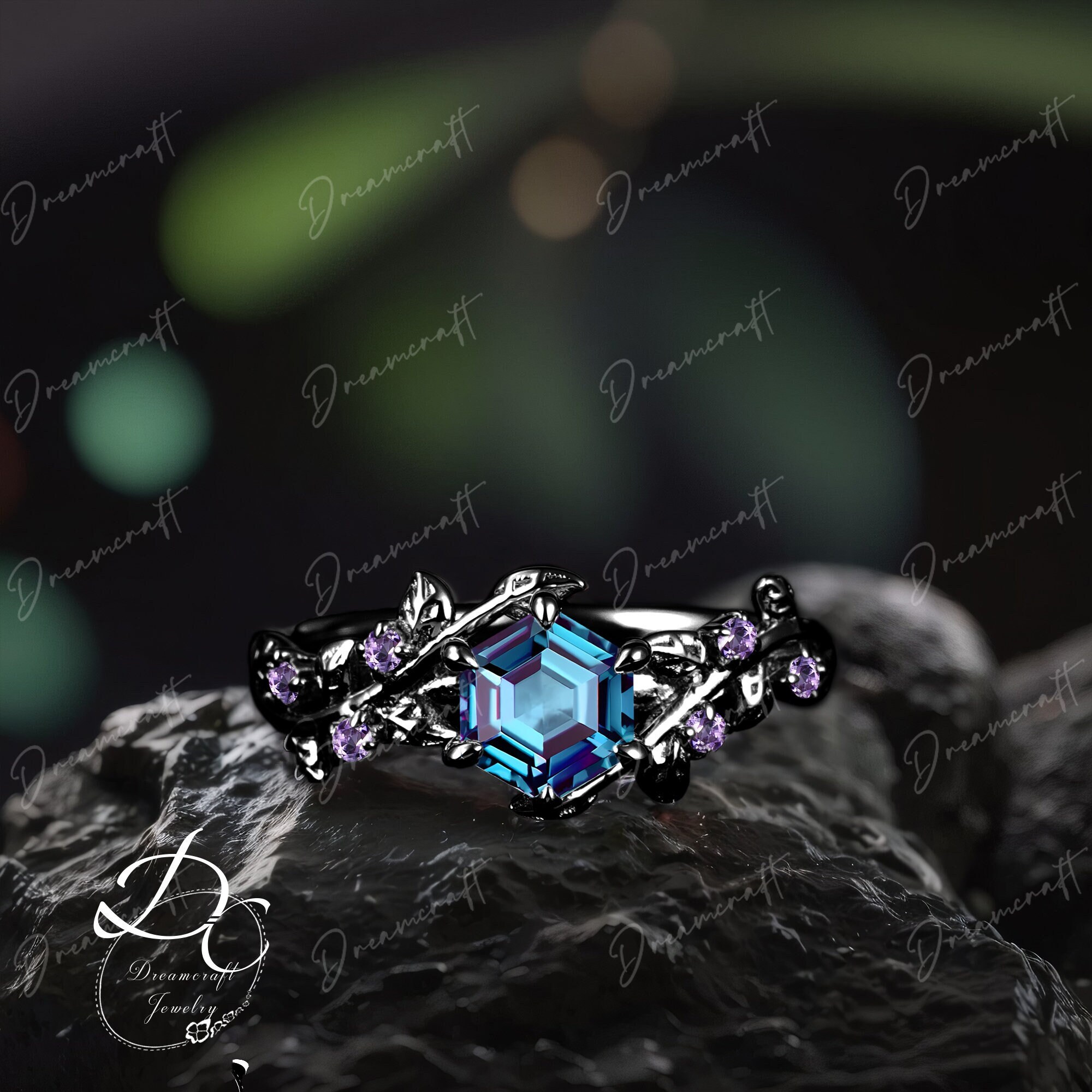 Alexandrite Engagement Ring  Art Deco Leaf Black Gold Twig Cluster Promise Ring Green Gemstone Bridal Ring June Birthstone Jewelry Gift