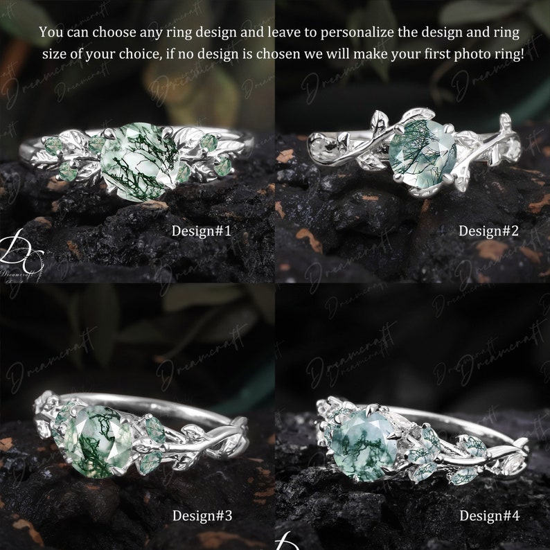 Anillo de compromiso de ágata de musgo de oro blanco con hoja Art Déco, anillo de promesa de racimo inspirado en la naturaleza, rama de piedra preciosa verde, anillo nupcial, joyería imagen 3