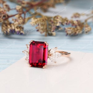 Lab Red Ruby Engagement Ring 4ct Emerald Cut Vintage Rose Gold Engagement Cluster Ring Moissanite Bridal Ring Promise Ring Anniversary image 6