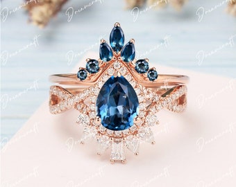 London Blue Topaz Engagement Ring yellow gold Pear Shape Unique Engagement Ring Sets Vintage  Moissanite Ring Wedding Bridal Ring