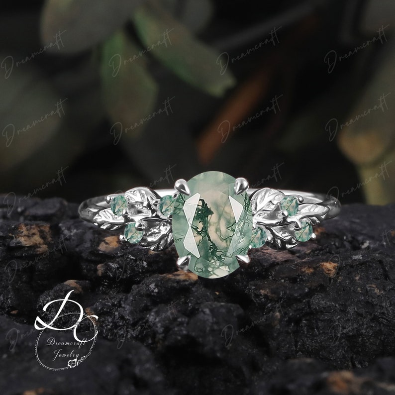 Art Deco Leaf Rose Gold Moss Agate Engagement Ring Sets Nature Inspired Cluster Promise Ring Green Gemstone Branch Bridal Set Jewelry image 8