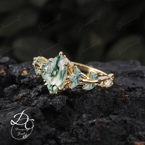 Vintage Marquise Moss Agate Engagement Ring Unique Promise Ring For Her Rose Gold Art Deco Leaf Gemstone Branch Nature Inspired Cluster Ring image 9
