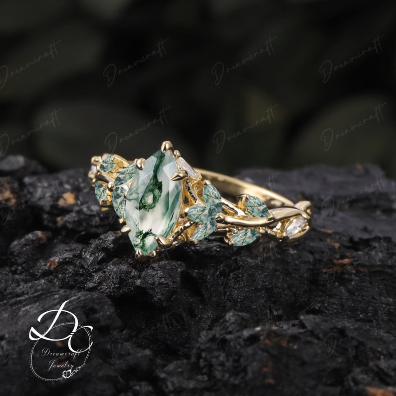 Vintage Marquise Moss Agate Engagement Ring Unique Promise Ring For Her Rose Gold Art Deco Leaf Gemstone Branch Nature Inspired Cluster Ring imagem 9