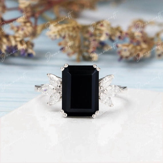 Emerald Cut Black Onyx Engagement Ring Solid 14K Gold Ring 