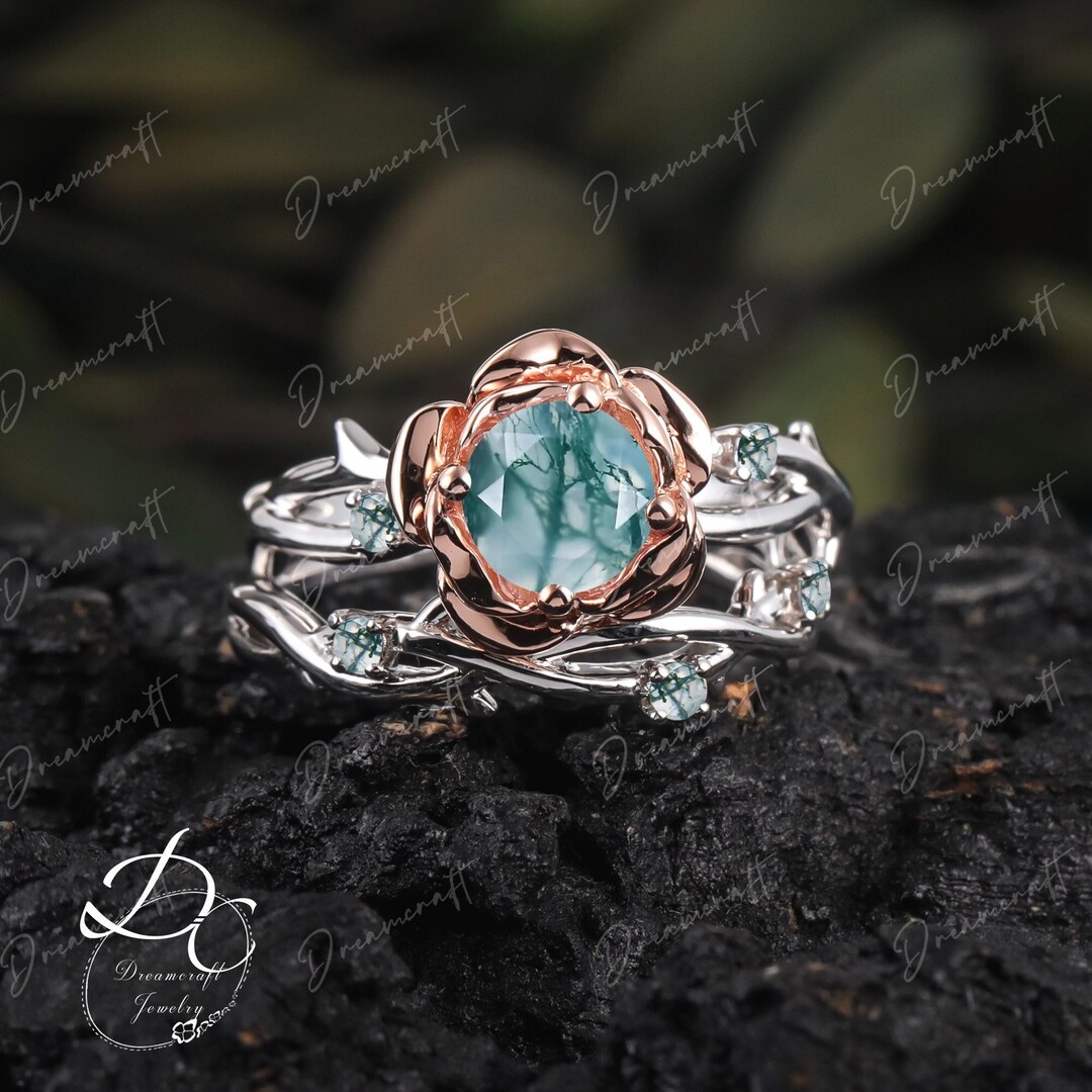 Vintage Moss Agate Engagement Ring Sets Floral Green Promise Etsy