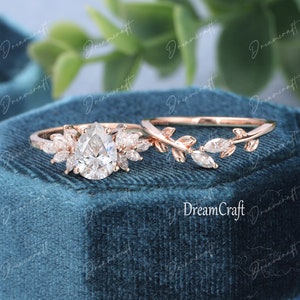 Pear shape moissanite engagement ring set vintage uniqe rose gold Cluster engagement ring Marquis Diamond ring wedding Bridal Promise ring
