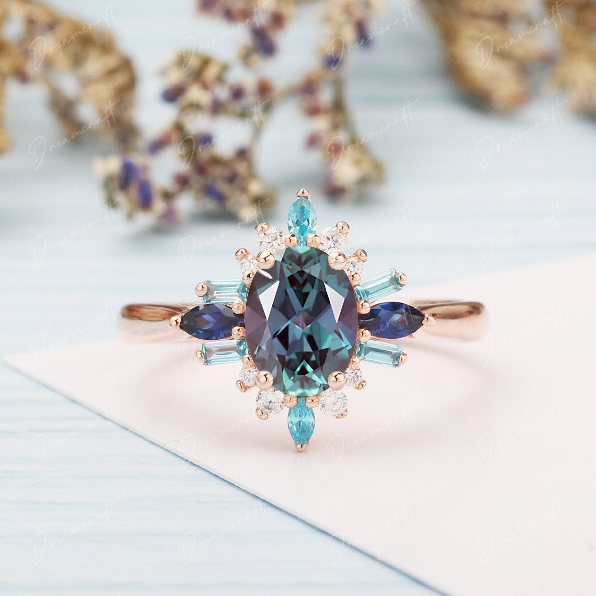 Oval Alexandrite Engagement Ring Vintage Art Deco Moissanite Lab Sapphire Ring 14k Rose Gold Bridal Ring For Her