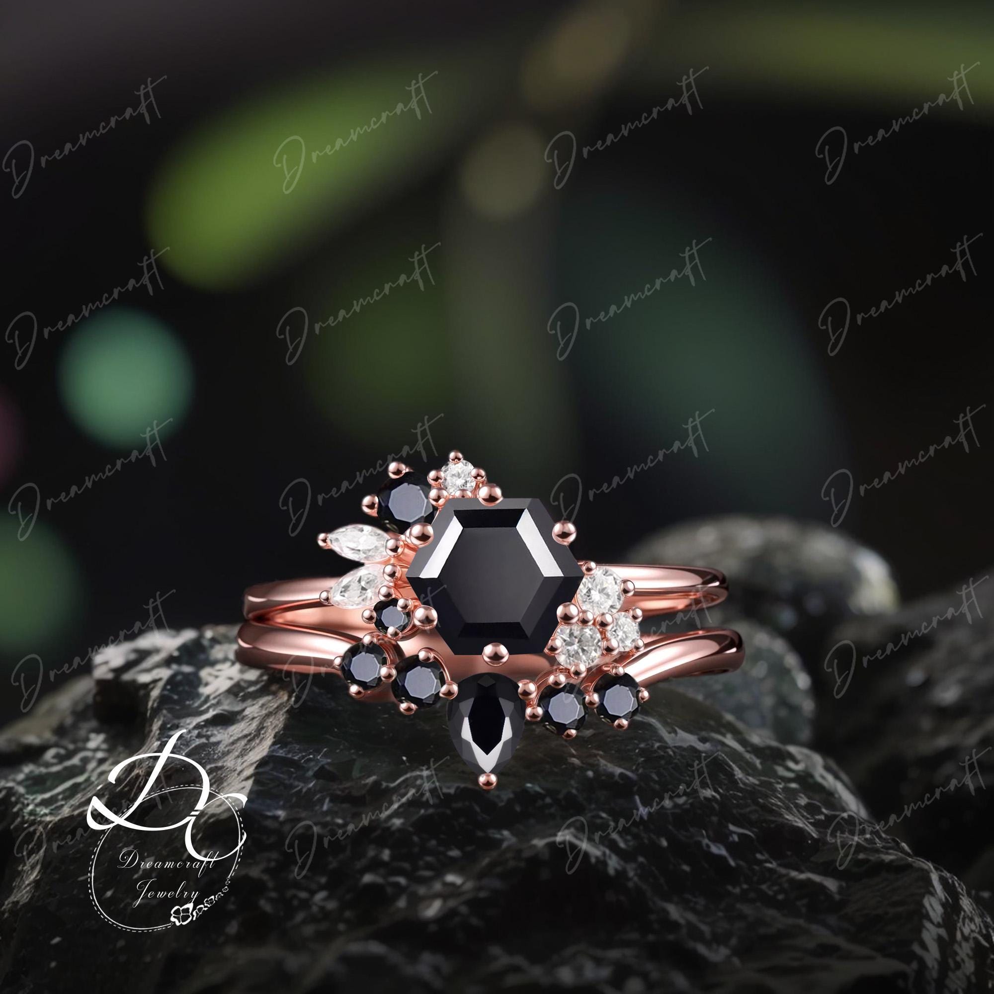 Vintage Hexagon cut Black onyx Engagement ring sets rose gold unique promise ring for her cluster art deco Gemstone bridal sets gifts
