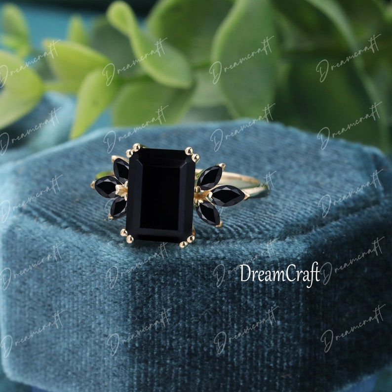 Schwarzer Onyx Verlobungsring 4 Karat Smaragdschliff Massivgold Verlobungsring Cluster Ring Schwarzer Spinell Brautring Versprechen Ring Jahrestag Geschenk Bild 10