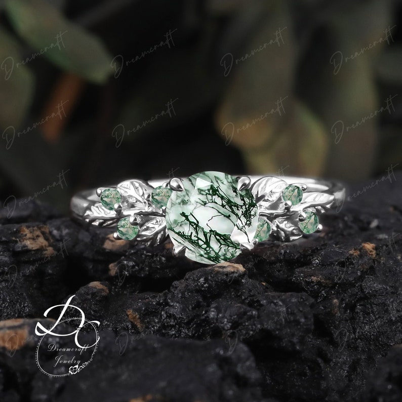 Art Deco Leaf White Gold Moss Agate Engagement Ring Nature Inspired Cluster Promise Ring Green Gemstone Branch Bridal Ring Jewelry image 1