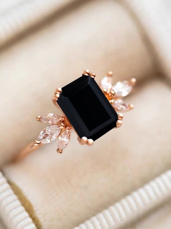 Black Onyx Engagement Ring 4ct Emerald Cut Solid 14K Gold Engagement Ring Cluster Ring Moissanite Bridal Ring Promise Ring Anniversary Gift