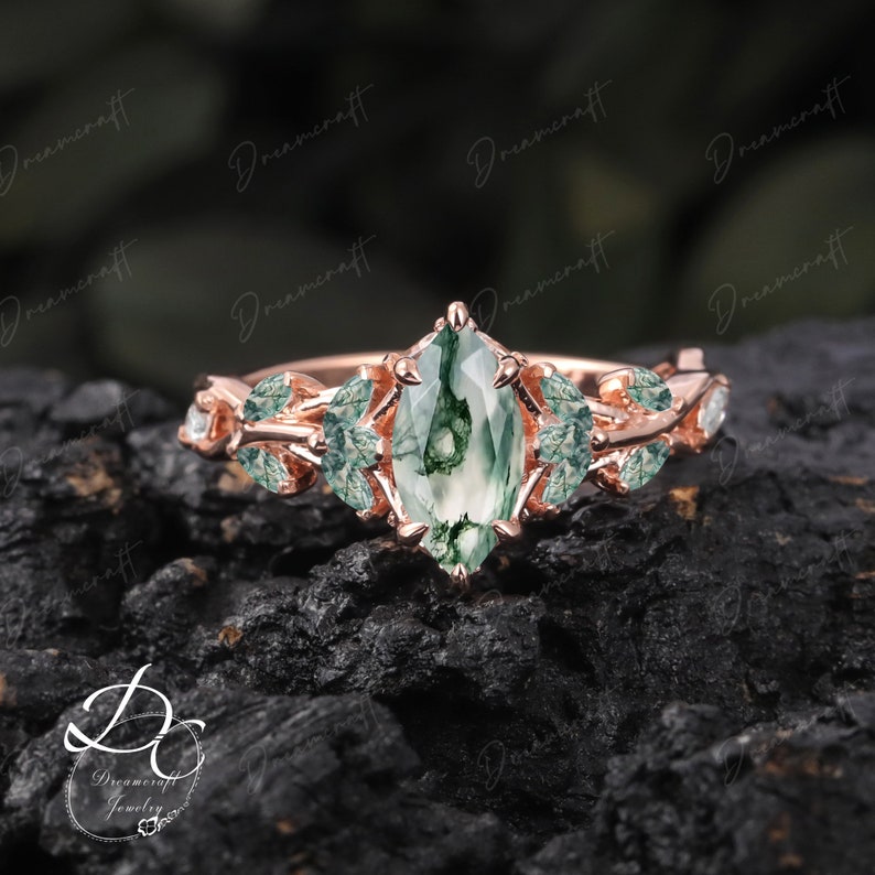Vintage Marquise Moss Agate Engagement Ring Unique Promise Ring For Her Rose Gold Art Deco Leaf Gemstone Branch Nature Inspired Cluster Ring image 7
