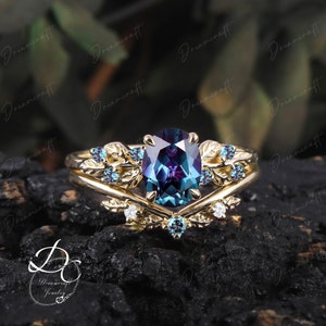 Art Deco Leaf Rose Gold Alexandrite Engagement Ring Sets Nature Inspired Cluster Promise Ring Green Gemstone Branch Bridal Set Jewelry Gift image 9