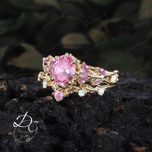 Vintage Oval Cut Rosa Saphir Verlobungsring Sets Natur Inspiriert Cluster Versprechen Ring Rosegold Art Deco Blatt Rosa Edelstein Zweig Ring Bild 9