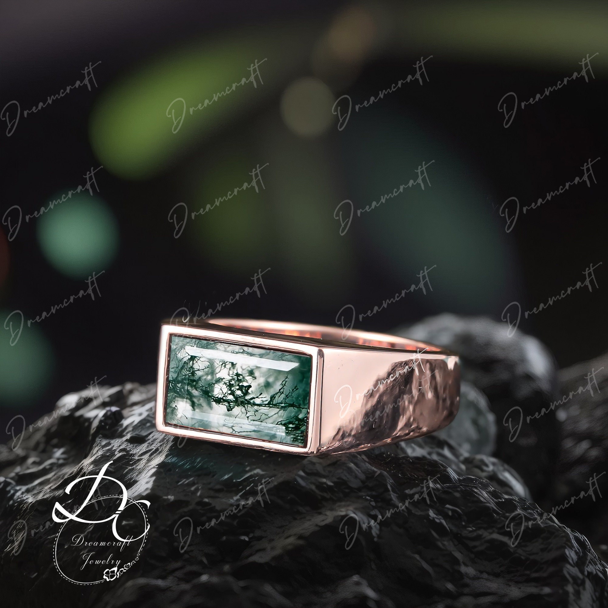 Solid 14K /18K Gold Men Band Wedding Band Minimalist Ring Moss Agate Ring Gemstone Wedding Anniversary stacking Band Promise Ring For Him