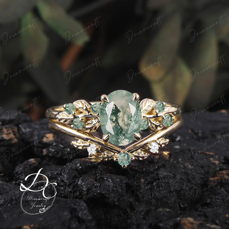 Art Deco Leaf Rose Gold Moss Agate Engagement Ring Sets Nature Inspired Cluster Promise Ring Green Gemstone Branch Bridal Set Jewelry image 9