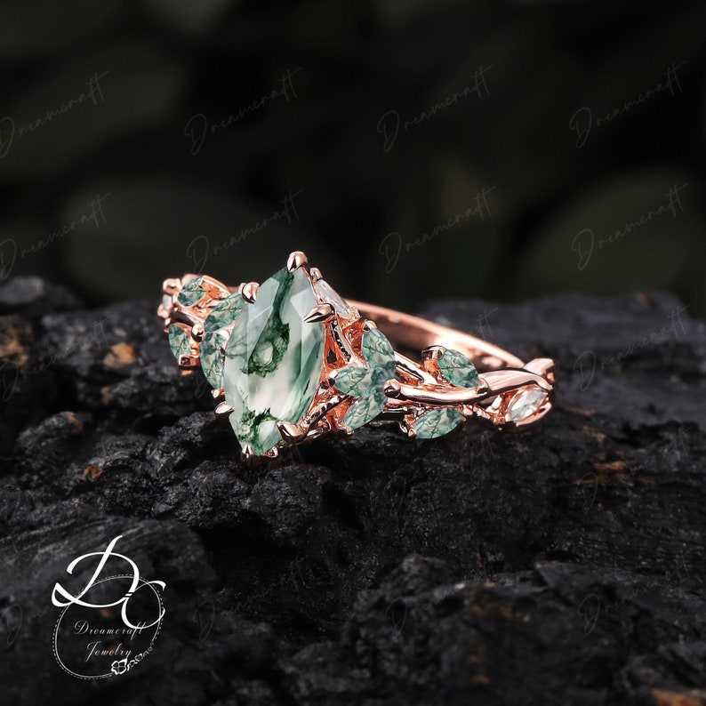 Vintage Marquise Moss Agate Engagement Ring Unique Promise Ring For Her Rose Gold Art Deco Leaf Gemstone Branch Nature Inspired Cluster Ring imagem 1