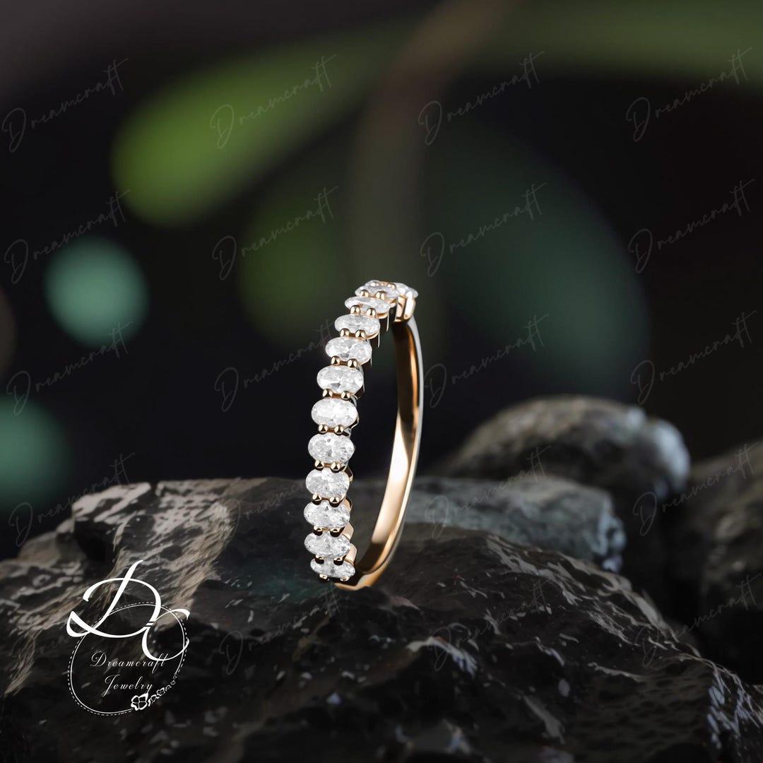 Unique Moissanite Wedding Band Women Oval Cut Band Yellow Gold Wedding ...