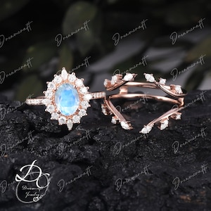 Vintage Moonstone Engagement Ring sets Oval Cut Unique Ring  Rose Gold Ring Diamond Moissanite Wedding Ring Bridal Ring Anniversary Ring