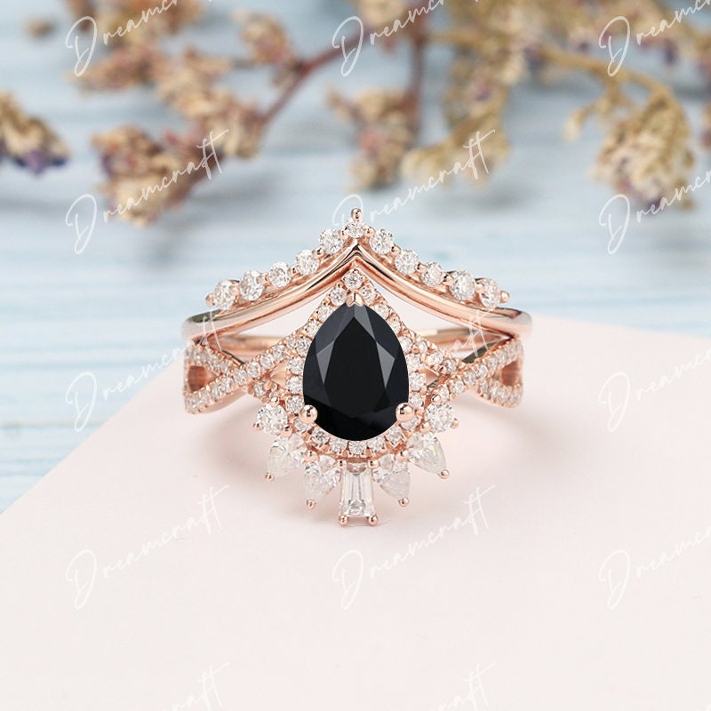 Black Onyx engagement ring set Unique Pear Shape 14k Rose gold | Etsy