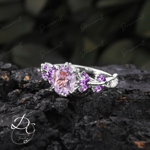 Vintage Oval Lavender Amethyst Engagement Ring Unique Cluster Promise Ring For Her Gold Art Deco Leaf Gemstone Branch Nature Inspired Ring image 10