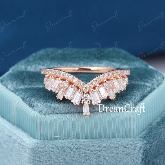 Baguette Cut Diamond Wedding Band Vintage Rose Gold Wedding Band Women  Unique Curved Wedding Ring Matching Band Promise Ring