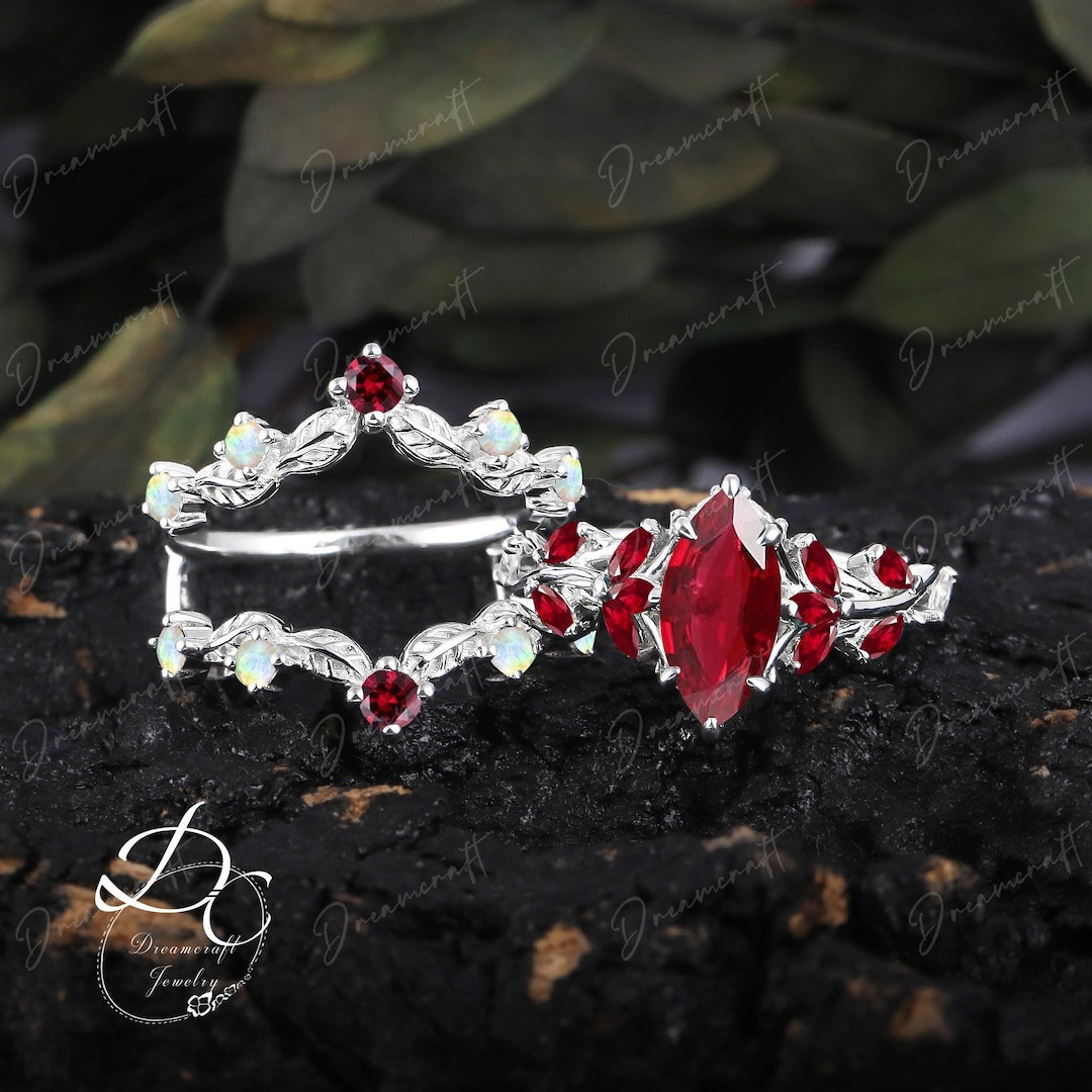 Vintage Marquise Cut Ruby Engagement Ring Sets Leaf White Gold Platinum ...