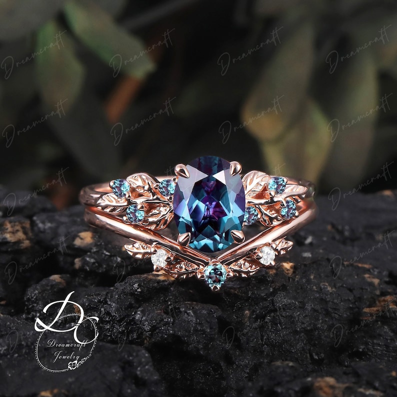 Art Deco Blatt Rose Gold Alexandrit Verlobungsring Set Natur Inspiriert Cluster Versprechen Ring Grüner Edelstein Zweig Braut Set Schmuck Geschenk Bild 1